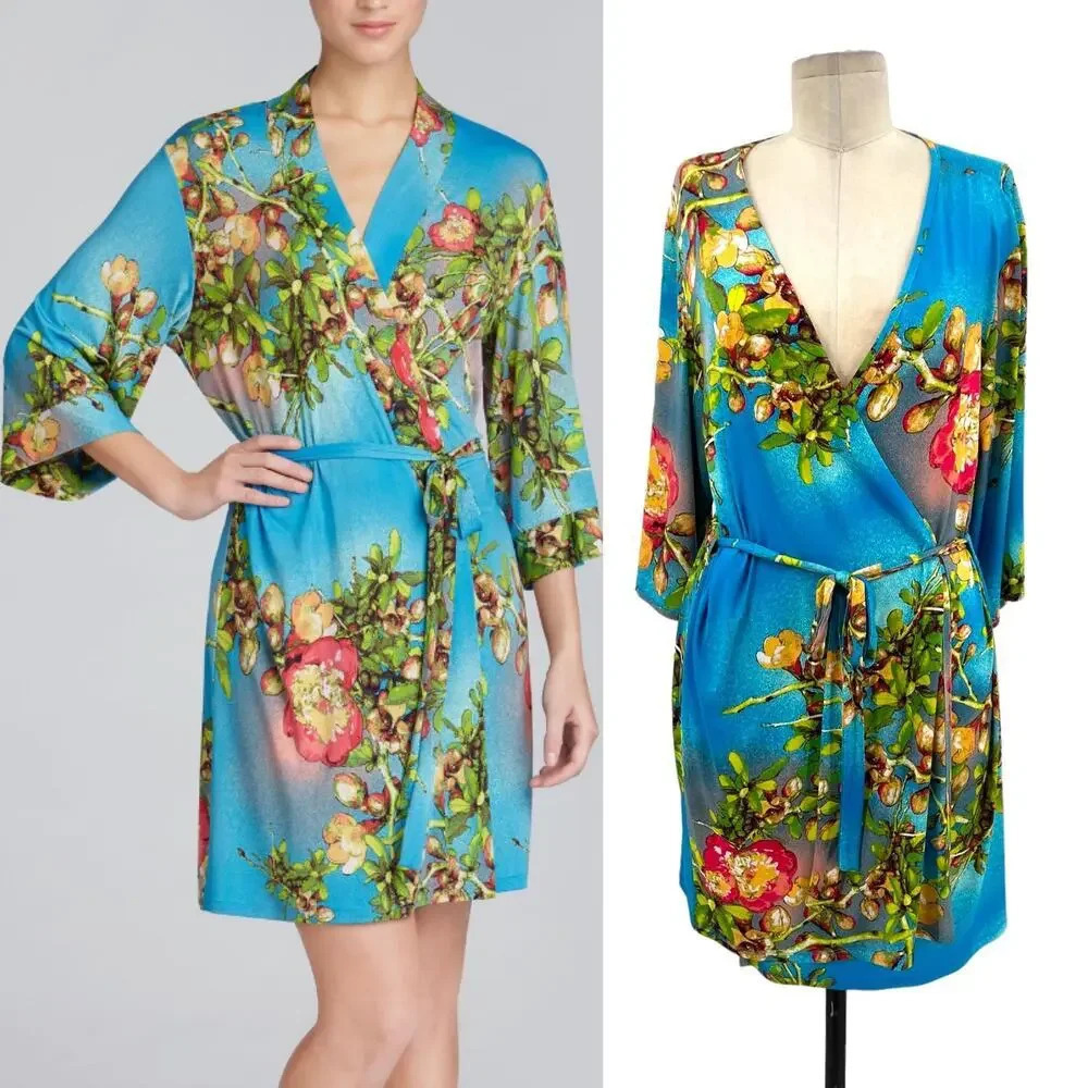 Natori Paradise Found Wrap Kimono Robe Floral Print Blue Size Medium‎